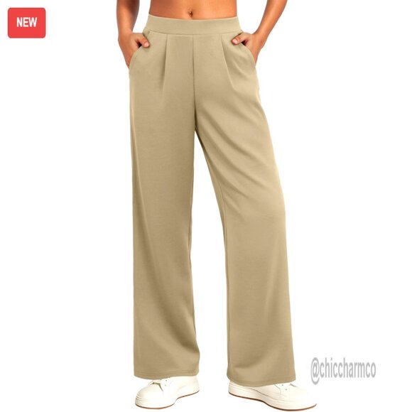 Pants - Stretchy Wide Leg Palazzo Pants High Waisted with Pockets Casual Trousers